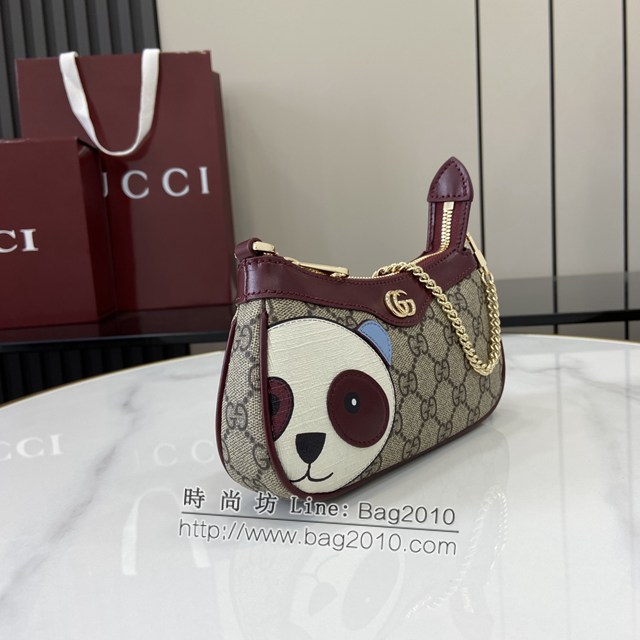 Gucci專櫃古馳最新款原廠皮飾熊貓細節GG迷你手袋貓咪鏈條包 jh2018型號：818763
